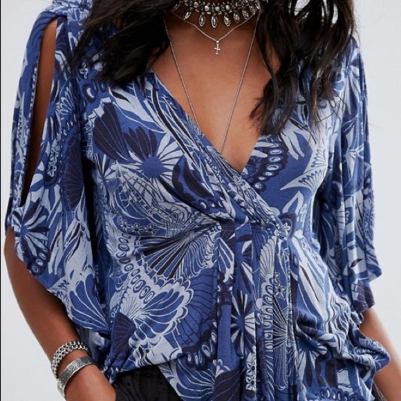 Free People Navy BOHO Patterned Cold Shoulder Top - Picture 8 of 8